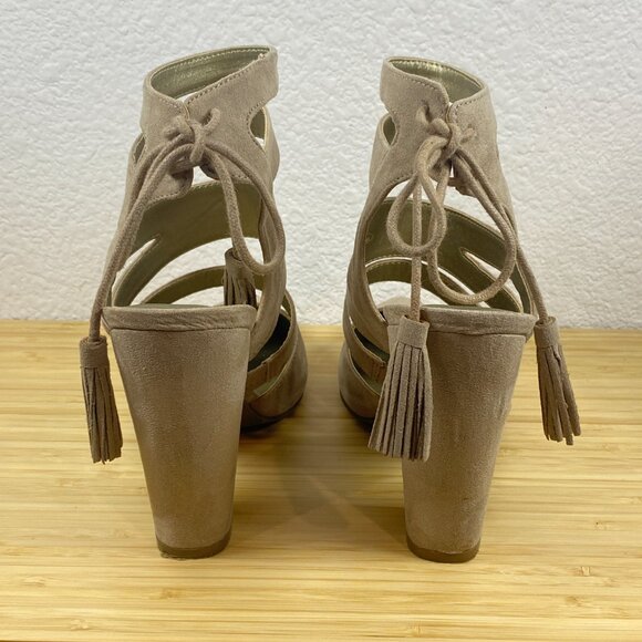 G by Guess Taupe Suede Caged Block Heels Pointed Toe Strappy Pumps Size 7 - Picture 5 of 8